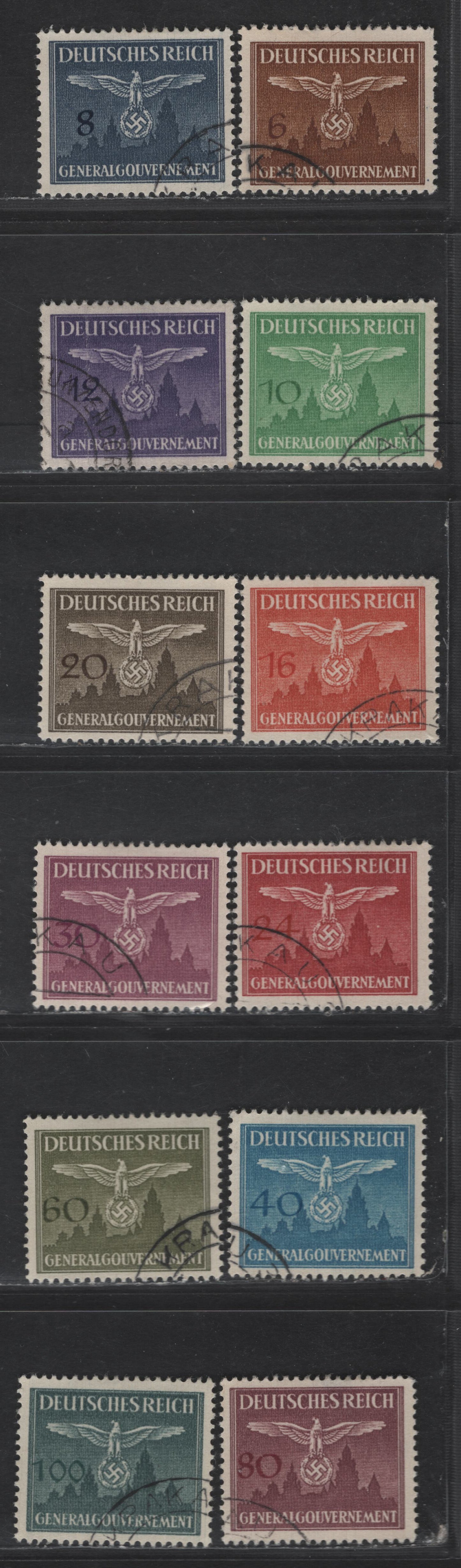 Lot 160 Poland - German Occupation SC#NO25-NO36 6g - 100g Brown - Slate Black Eagle & Swastika, 1943 Nazi Emblem & Cracow Castle Official Issue, 12 Very Fine Used Singles