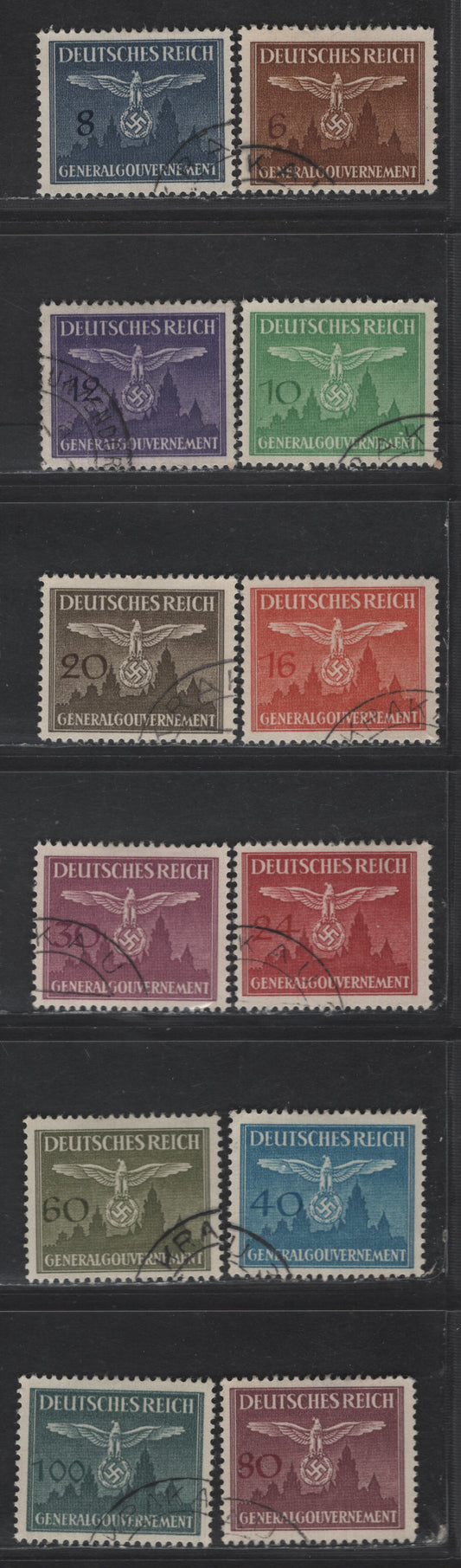 Lot 160 Poland - German Occupation SC#NO25-NO36 6g - 100g Brown - Slate Black Eagle & Swastika, 1943 Nazi Emblem & Cracow Castle Official Issue, 12 Very Fine Used Singles