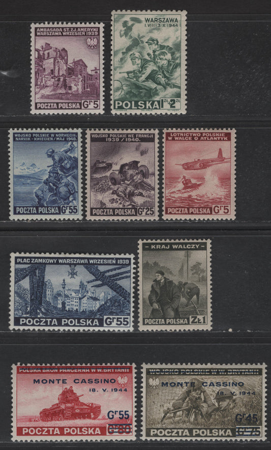 Lot 167 Poland SC#3K1, 3K9, 3K11-3K12, 3K15, 3K4, 3K17-3K18, 3KB1 5g - 55g on 80g Rose Violet - Carmine Armored Tank - Heroic Defenders of Warsaw, 1941-1943 Exile Gov't In Great Britain Issues, 9 F/VFOG Singles