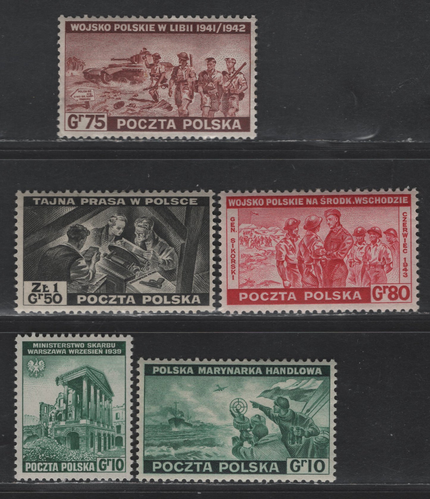 Lot 169 Poland SC#3K2, 3K10, 3K13-3K14, 3K16 10g - 1.50z Olive Green - Black Polish Planes - Secret Press In Poland, 1941-1943 Exile Gov't In Great Britain Issues, 5 VFOG Singles