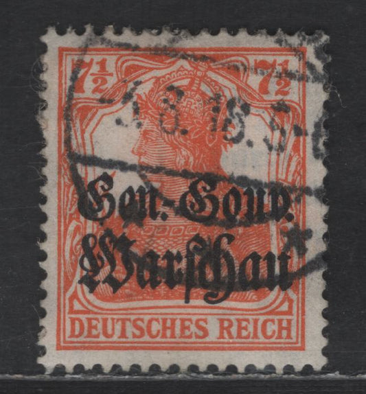 Lot 174 Poland MI#9b (SC# N9var) 7.5pf Dark Reddish Orange Portrait, 1916-1917 German Occupation Issue, A Very Fine Used Single, Matte Overprint, Compared To The More Common Glossy Ink