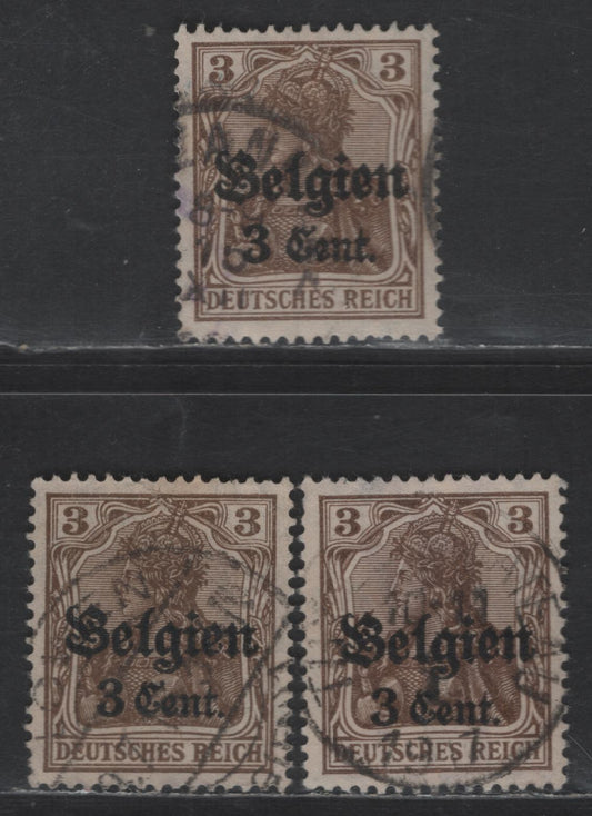 Lot 187 Belgium - German Occupation MI#11aI-III (SC# N11var) 3pf Blackish Ochre Brown Portrait, 1916-1918 German Occupation Issue, 3 Very Fine Used Singles, One Of each Overprint Setting, Common 0.8mm, 1mm (Scarcest) & 1.2mm