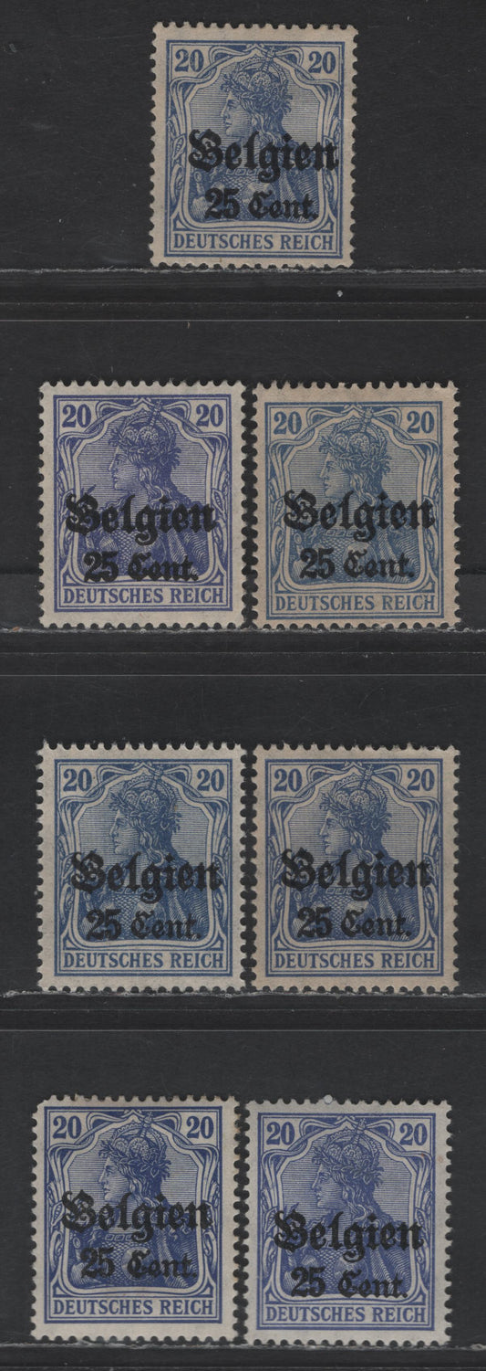 Lot 192 Belgium - German Occupation MI#18a-d (SC# N18-a) 20c Lilac Ultramarine, Deep Ultramarine,Violet Blue & Violet Ultramarine Portrait, 1916-1918 German Occupation Issue, 7 F/VFOG Singles, All Listed Printings