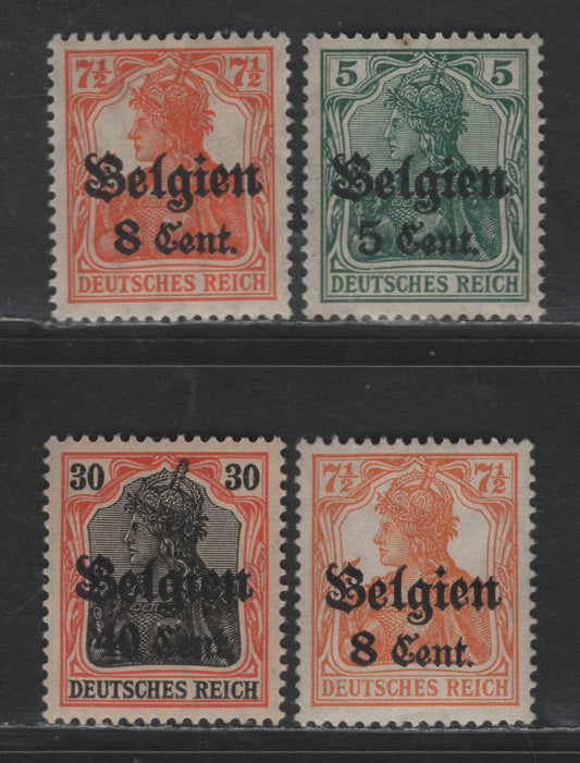 Lot 195 Belgium - German Occupation MI#12II, 13aii, 13bii, 19 (SC# N12var, N13var, N19) 5c on 5pf - 40c on 30c Green - Dark Red Orange & Black on Salmon Portrait, 1916-1918 German Occupation Issue, 4 VFOG Singles, Scarcer 1.3mm & 1.2mm Overprints