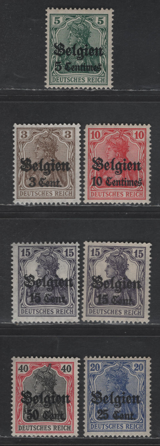 Lot 198 Belgium - German Occupation MI#2-3, 11aI, 16bII, 18a, 20bII (SC# N2-N3, N11, N16, N18, N20) 5c on 5pf - 50c on 40pf Green - Dark Carmine Red & Black Portrait, 1914-1918 German Occupation Issue, 7 F/VFNH Singles