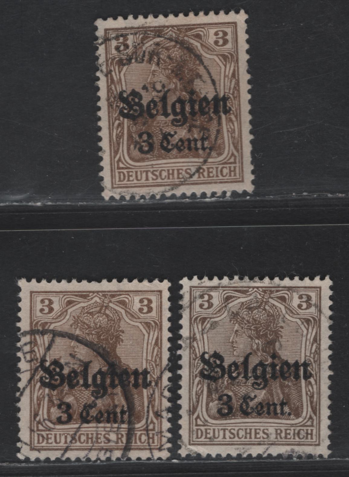 Lot 200 Belgium - German Occupation MI#11aII (SC# N11var) 3pf Blackish Ochre Brown Portrait, 1916-1918 German Occupation Issue, 3 Very Fine Used Singles, 3 Different Shades Of Scarce 1mm Setting