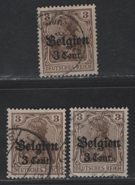 Lot 200 Belgium - German Occupation MI#11aII (SC# N11var) 3pf Blackish Ochre Brown Portrait, 1916-1918 German Occupation Issue, 3 Very Fine Used Singles, 3 Different Shades Of Scarce 1mm Setting