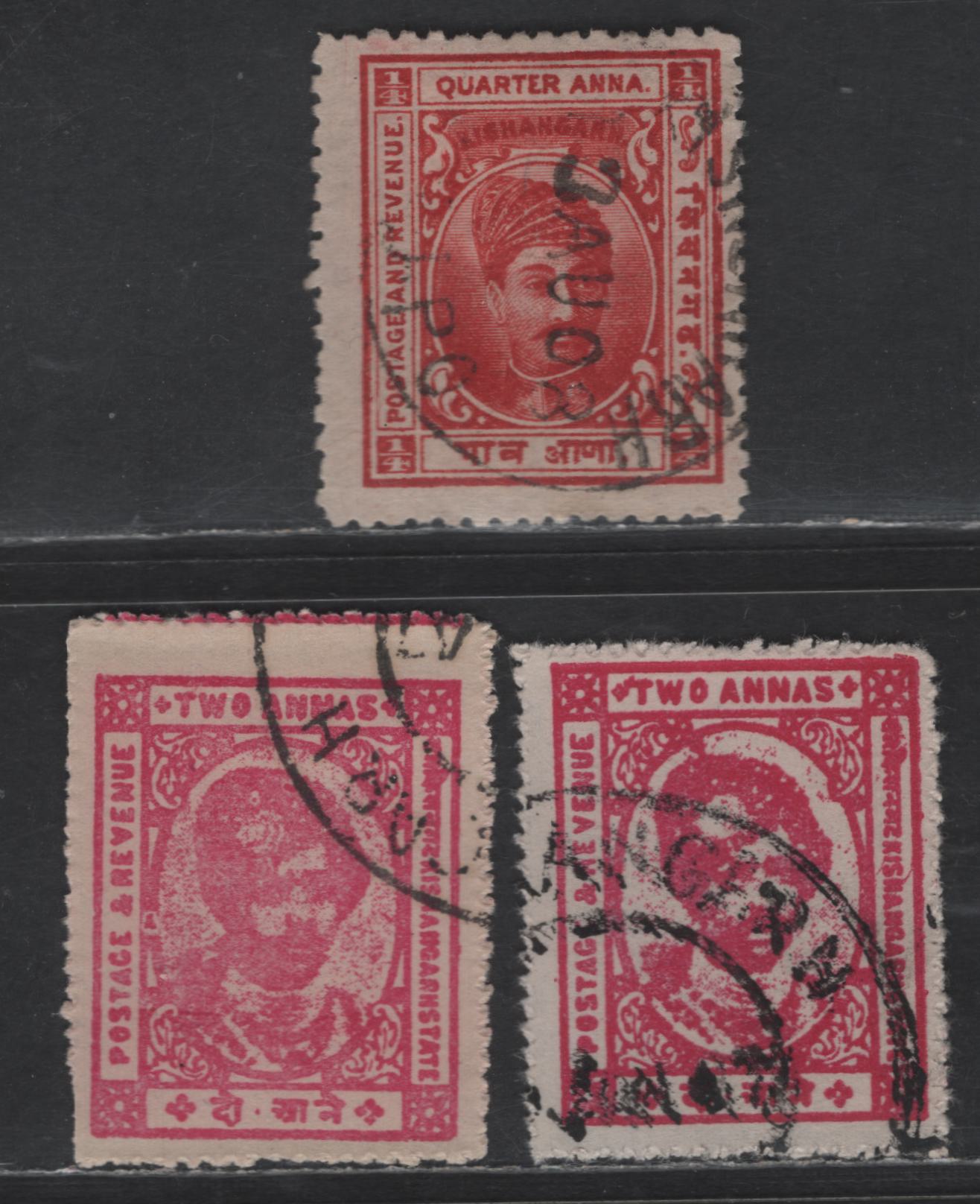 Lot 230 India - Kishangorh SG#42, 86 1/4a - 2a Carmine - Bright Magenta & Pink Maharaja Maden Singh & Maharaja Samar Singh, 1904-1947 Maharaja Maden Singh & Maharaja Samar Singh Issues, 3 Fine Used Singles, Perf 12.5