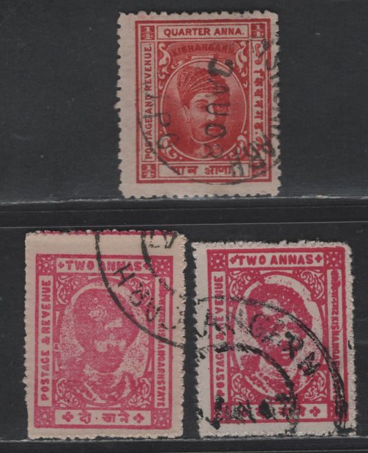 Lot 230 India - Kishangorh SG#42, 86 1/4a - 2a Carmine - Bright Magenta & Pink Maharaja Maden Singh & Maharaja Samar Singh, 1904-1947 Maharaja Maden Singh & Maharaja Samar Singh Issues, 3 Fine Used Singles, Perf 12.5