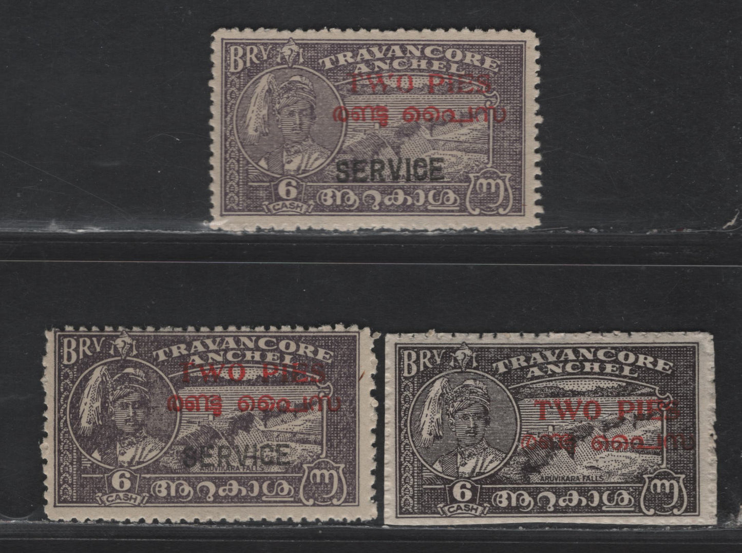 Lot 259 India - Travancore Cochin SG#1e, O1, O1f 2p on 6ca Blackish Violet Maharaja, 1949 Surcharge & Service Overprinted Issues, 3 F/VFOG & Unused Singles