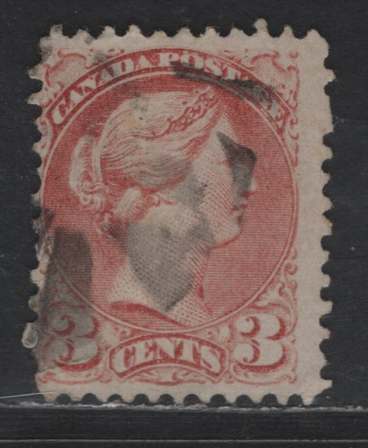 Lot 292 Canada #37a 3c Rose Queen Victoria, 1870-1893 Small Queen Issue, A Very Good Used Single, First Ottawa Printing, Paper FO-A, Perf 11.9x12, Position Dot