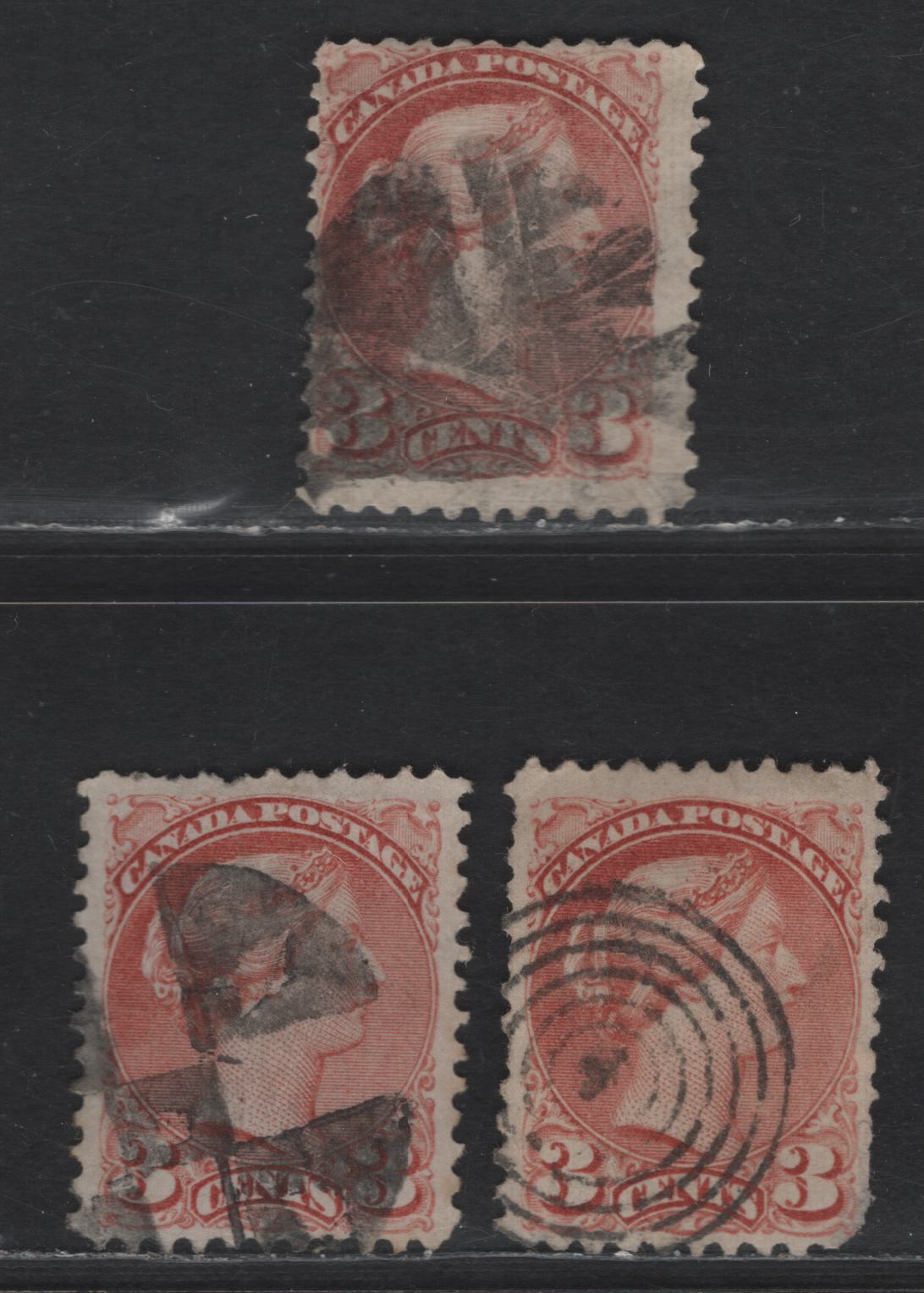 Lot 294 Canada #37a 3c Rose Queen Victoria, 1870-1893 Small Queen Issue, 3 Ungraded SIngles, Faulty First Ottawa Printings, Paper FO-F Perf 12, FO-A With Perf 12x11.9 & FO-B With Perf 11.9x12.1, Position Dots