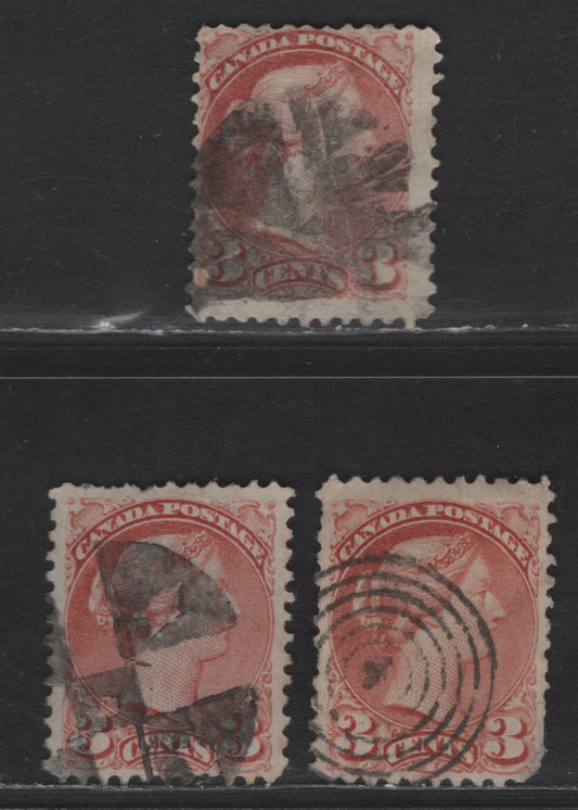 Lot 294 Canada #37a 3c Rose Queen Victoria, 1870-1893 Small Queen Issue, 3 Ungraded SIngles, Faulty First Ottawa Printings, Paper FO-F Perf 12, FO-A With Perf 12x11.9 & FO-B With Perf 11.9x12.1, Position Dots
