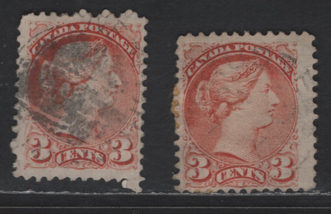 Lot 309 Canada #37ii 3c Dull Red Queen Victoria, 1870-1893 Small Queen Issue, 2 Fine Used Singles, Early Montreal Printings, Papers EM-A & MM-F, Perf 11.75x12, Position Dots