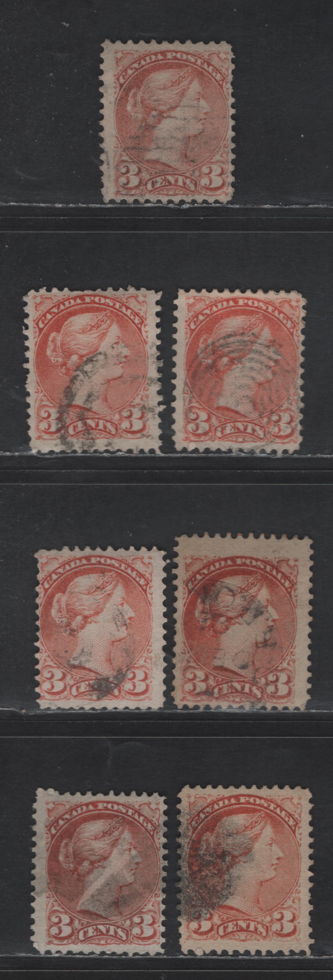 Lot 317 Canada #37c 3c Dull Red & Dull Orange Red Queen Victoria, 1870-1893 Small Queen Issue, 6 Fine Used Singles, Early to Mid Montreal Printings, Papers MM-B, Perf 12, Position Dots, Variety Of Shades
