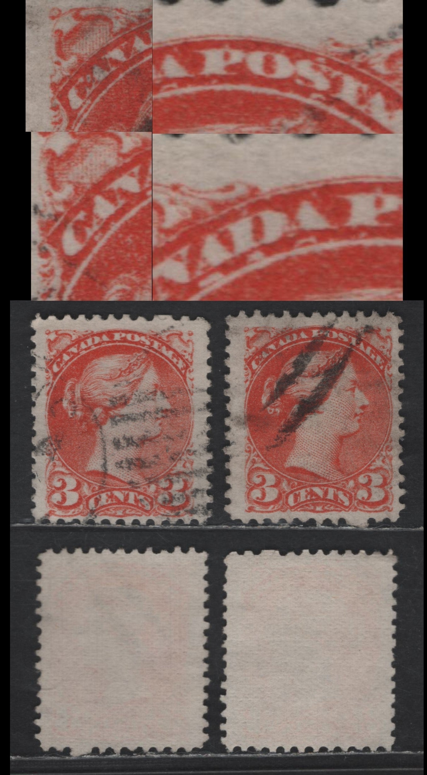 Lot 321 Canada #37iiivar 3c Dull Orange Red Queen Victoria, 1870-1893 Small Queen Issue, 2 Fine/Very Fine Used Singles, Early Montreal Printing, Papers EM-A, Dry Inking Under 'ADA', 'CA' & 'S', Position Dot