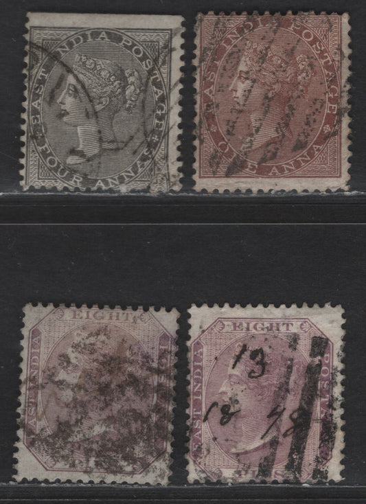 Lot 186 India SG#39, 46, 52-53 1a - 8a Brown - Mauve Queen Victoria, 1856-1860 Crown Colony Queen Victoria Keyplate Issue, 4 Ungraded Singles, White Paper, Elephant Head Wmk, All With Either Typical Heavy Cancels Or Small Faults