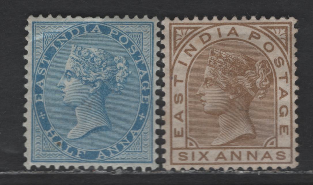 Lot 188 India SG#76, 80 1/2a & 6a Deep Blue - Olive Bistre Queen Victoria, 1873-1876 Crown Colony Keyplates Issue, 2 VG/FOG Singles, Elephants Head Wmk, 1/2a With Light Corner Creases At UL