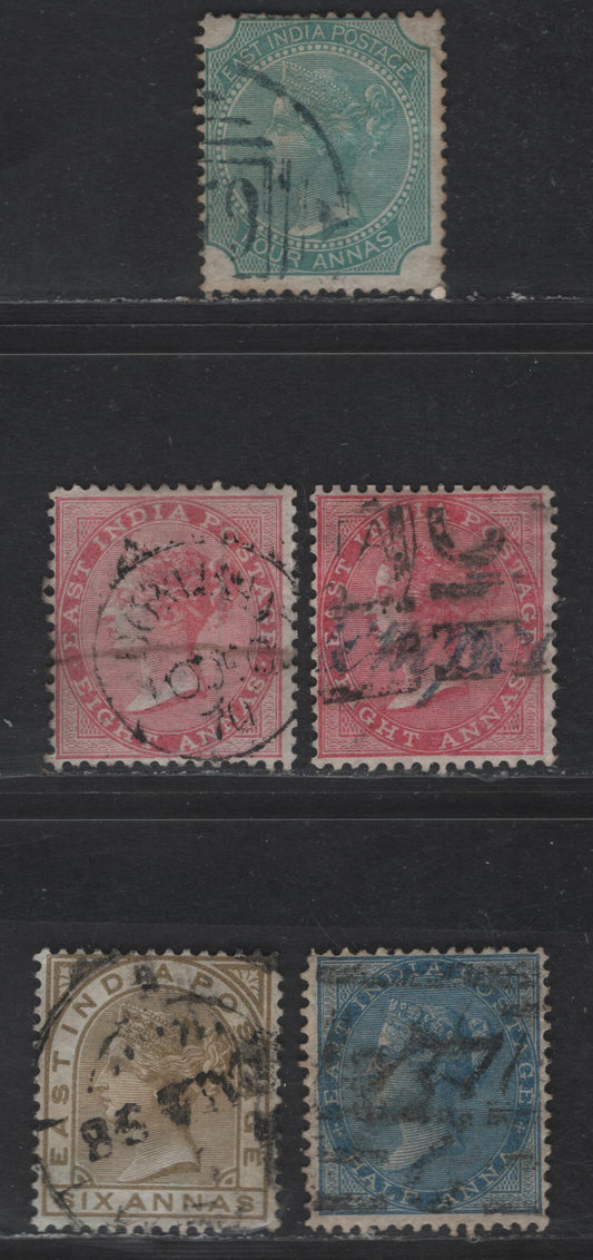 Lot 190 India SG#69, 73-75, 80 1/2a - 6a Deep Blue - Pale Rose Queen Victoria, 1866-1876 Keyplates Issue, 5 Very Good/Fine Used SIngles, Die 2, Elephants Head Wmk