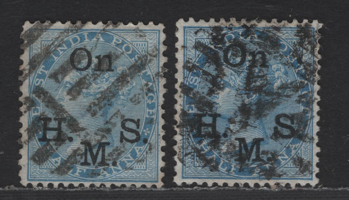 Lot 192 India SG#O31, O36 1/2a Blue Queen Victoria, 1874-1882 Official Overprinted Issue, 2 Fine Used Singles, Die 2, Blue & Blue Black Overprints, Typical Heavy Cancellations