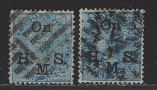 Lot 192 India SG#O31, O36 1/2a Blue Queen Victoria, 1874-1882 Official Overprinted Issue, 2 Fine Used Singles, Die 2, Blue & Blue Black Overprints, Typical Heavy Cancellations