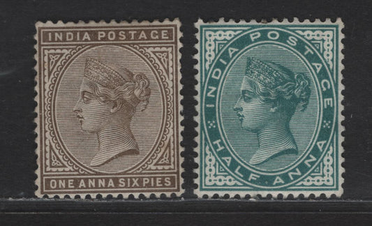 Lot 195 India SG#84, 90 1/2a - 1a6p Deep Blue Green - Sepia Queen Victoria, 1882-1890 Queen Victoria Keyplates Issue, 2 F/VFOG & Unused Singles, Large Star Wmk, Tiny Tear