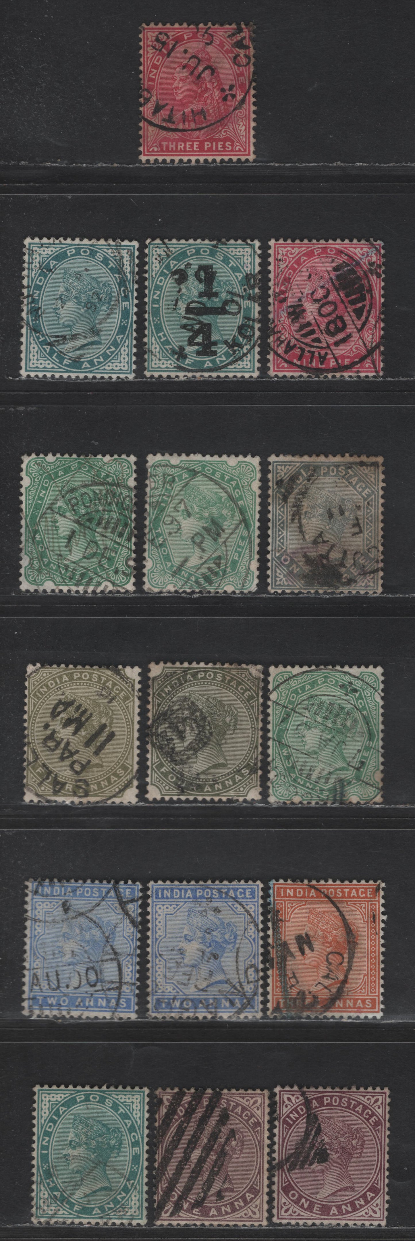 Lot 196 India SG#84-85, 87-89, 91-92, 94-96, 101, 103, 110-111 1/2a - 3p Deep Blue Green - Aniline Carmine Queen Victoria, 1882-1899 Queen Victoria Keyplates Issue, 16 Fine/Very Fine Used Singles, Large Star Wmk
