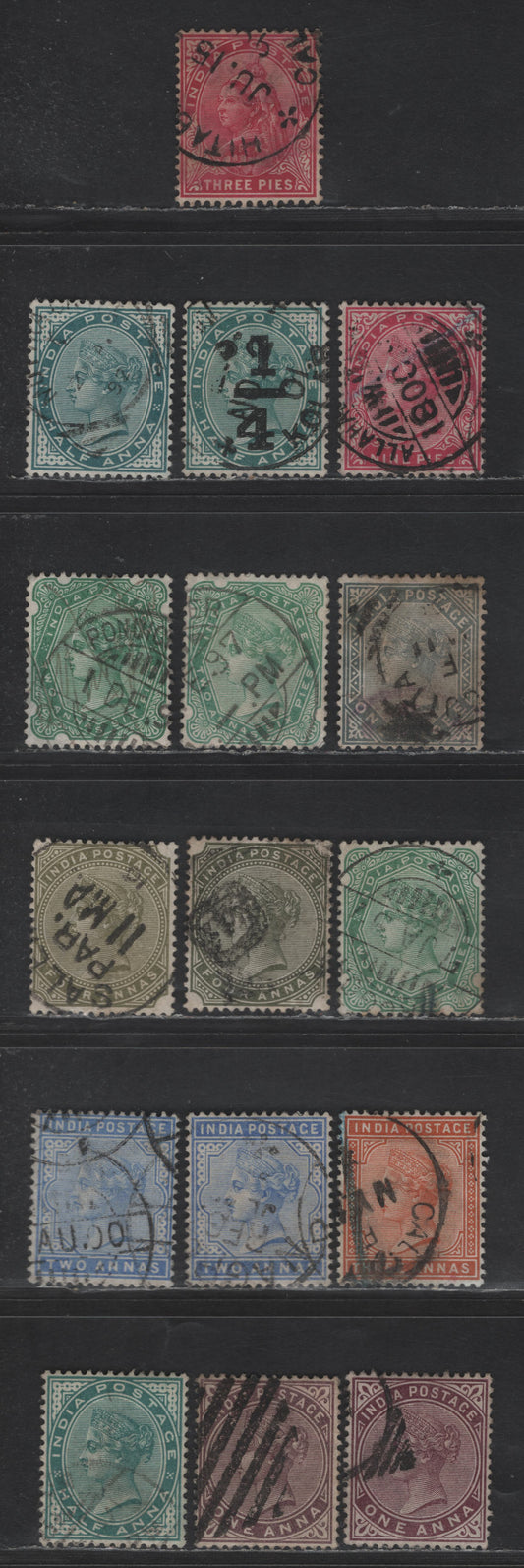 Lot 196 India SG#84-85, 87-89, 91-92, 94-96, 101, 103, 110-111 1/2a - 3p Deep Blue Green - Aniline Carmine Queen Victoria, 1882-1899 Queen Victoria Keyplates Issue, 16 Fine/Very Fine Used Singles, Large Star Wmk
