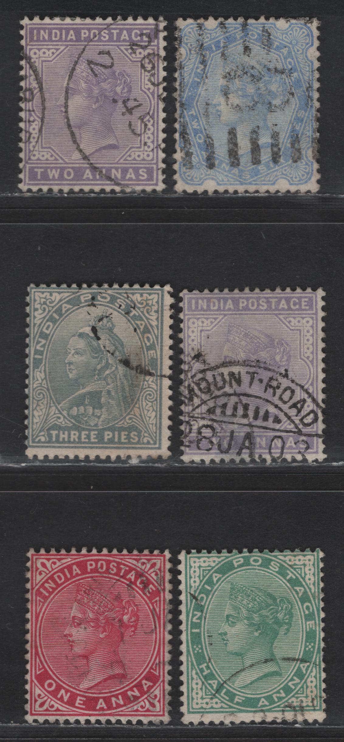 Lot 197 India SG#112-118 3p - 2a6p Gray - Ultramarine Queen Victoria, 1900-1902 Queen Victoria Keyplates Issue, 6 Fine/Very Fine Used Singles, New Colors