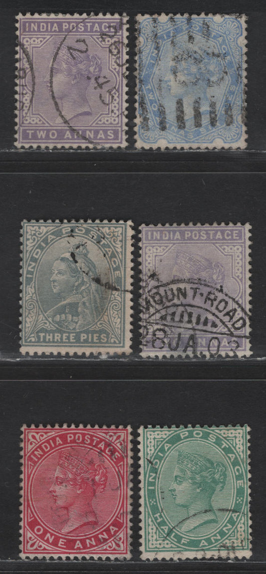 Lot 197 India SG#112-118 3p - 2a6p Gray - Ultramarine Queen Victoria, 1900-1902 Queen Victoria Keyplates Issue, 6 Fine/Very Fine Used Singles, New Colors
