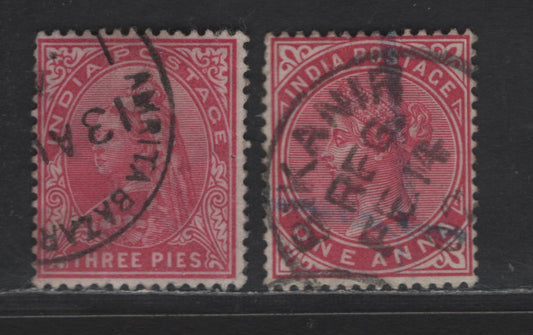 Lot 198 India SG#111, 115 3p - 1a Aniline Carmine - Carmine Queen Victoria, 1899-1900 Queen Victoria Keyplates Issue, 2 Fine Used Singles, Bikanir & Amrita Bazar Cancels