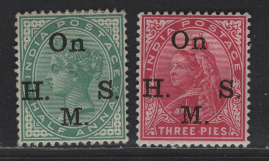 Lot 200 India SG#O37a, O49a 3p - 1/2a Aniline Carmine & Yellow Green Queen Victoria, 1899-1900 Queen Victoria Keyplates With Official Overprint Issue, 2 VFOG & Unused Singles, 1/2a is Unused