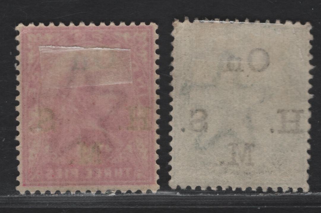 Lot 200 India SG#O37a, O49a 3p - 1/2a Aniline Carmine & Yellow Green Queen Victoria, 1899-1900 Queen Victoria Keyplates With Official Overprint Issue, 2 VFOG & Unused Singles, 1/2a is Unused