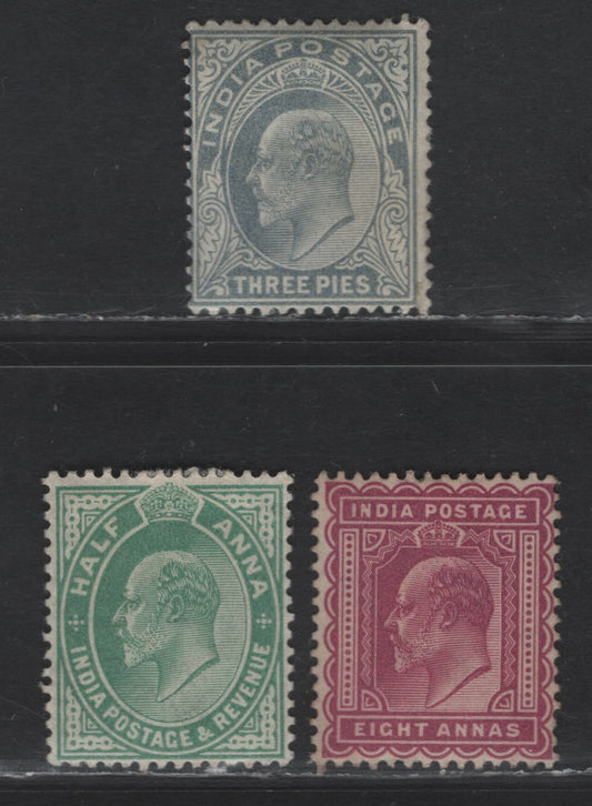 Lot 202 India SG#119, 133, 149 ep - 1/2a Gray - Green King Edward VII, 1902-1911 King Edward VII Issue, 3 F/VFOG & Unused Singles, 8a is unused