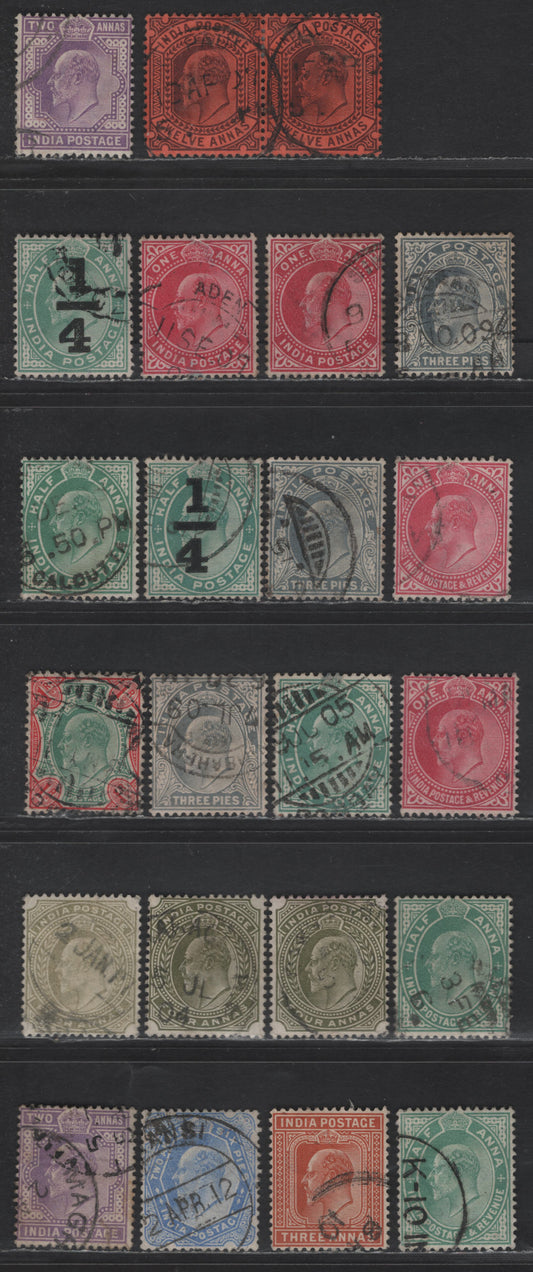 Lot 203 India SG#119-129, 135-136, 149-150 3p - 12a Gray - Purple & Red King Edward VII, 1902-1911 King Edward VII Issue, 22 Fine/Very Fine Used Singles