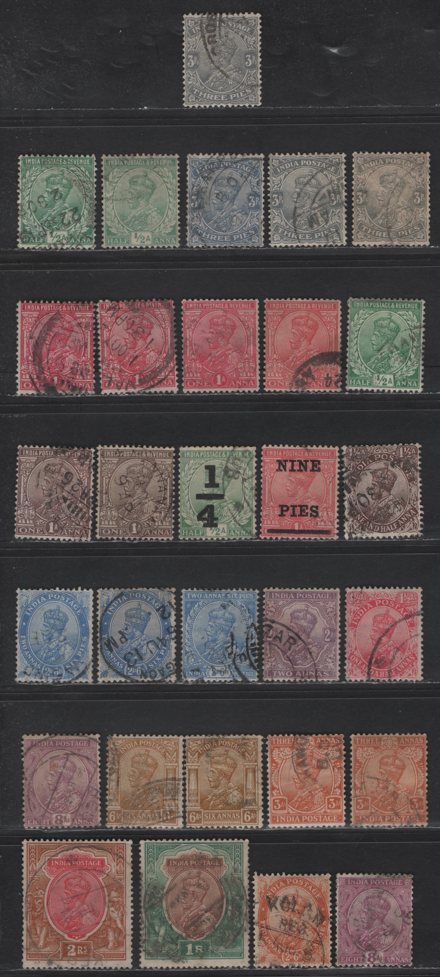 Lot 207 India SG#151-153, 155-161, 163, 192, 195, 197-198, 168, 170-173, 177-178, 181-182, 185, 187, 199 3p - 2r Gray - Carmine & Brown King George V, 1912-1926 KGV Issue, 27 Fine/Very Fine Used Singles, Single Star Wmk