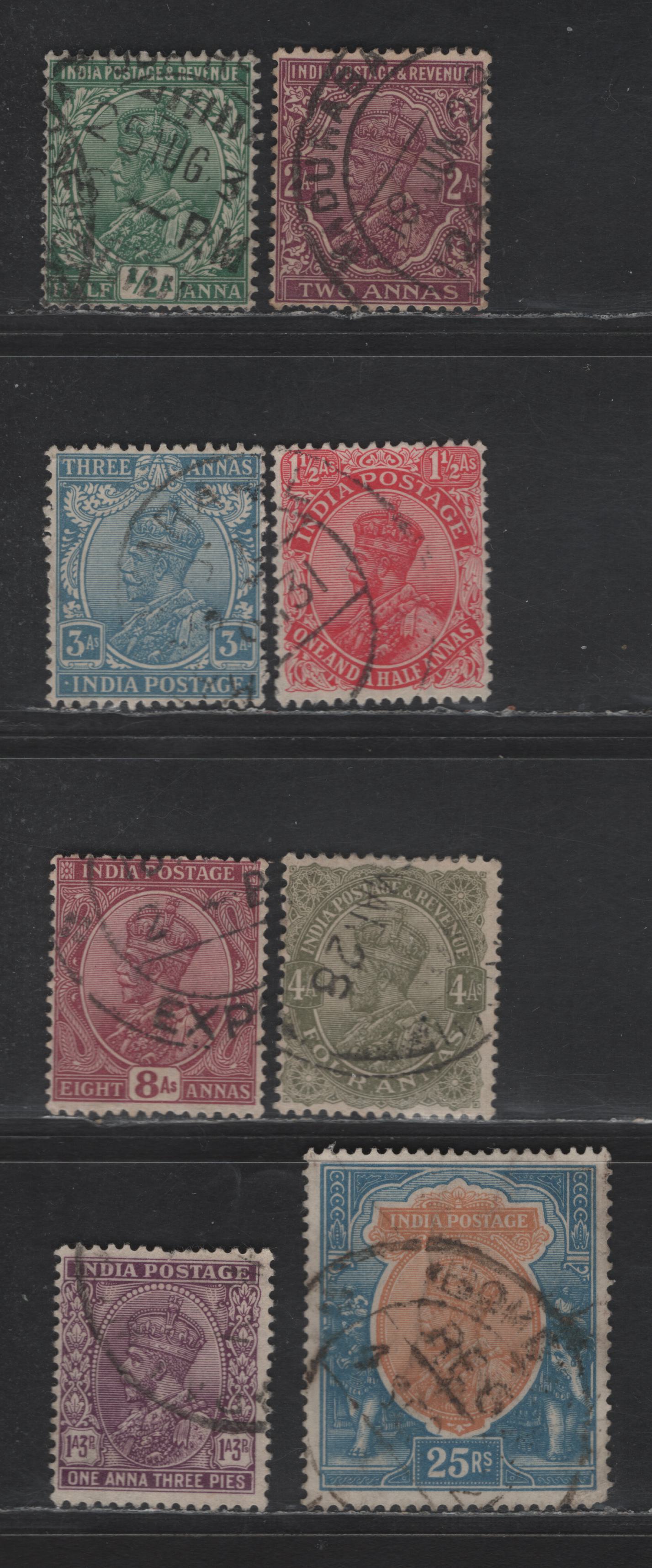 Lot 208 India SG#202w, 204w, 206w, 209w, 211w, 212w, 219w, 235w 1/2a - 25r Green - Orange & Blue King George V, 1926-1933 KGV Issue, 8 Fine/Very Fine Used Singles, Inverted Multiple Stars Wmk