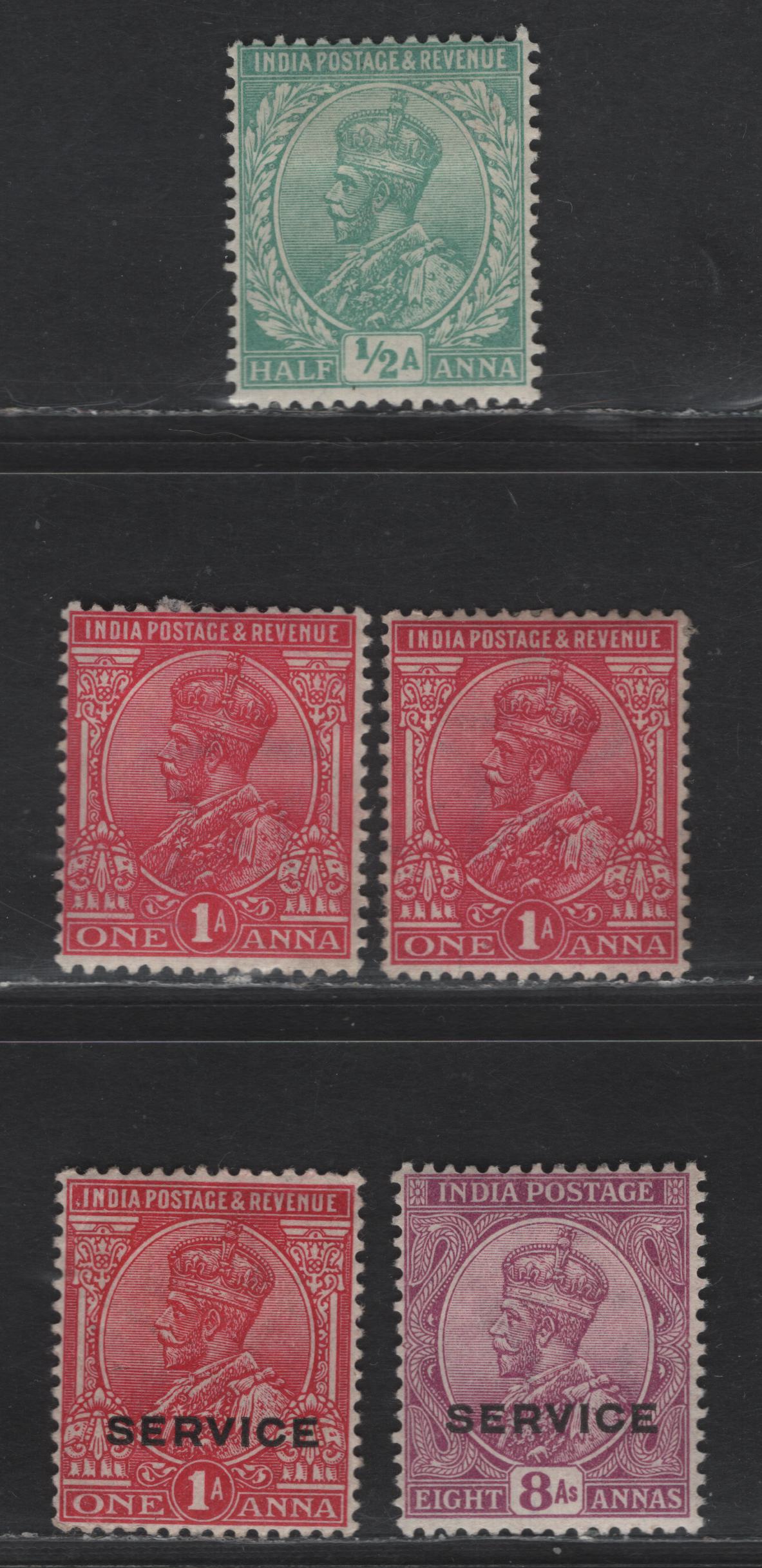Lot 210 India SG#155, 160-161, O82, O89a 1/2a - 8a Light Green - Deep Mauve King George V, 1912-1926 KGV Issue, 5 F/VFOG Singles, Single Star Wmk