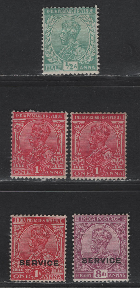 Lot 210 India SG#155, 160-161, O82, O89a 1/2a - 8a Light Green - Deep Mauve King George V, 1912-1926 KGV Issue, 5 F/VFOG Singles, Single Star Wmk