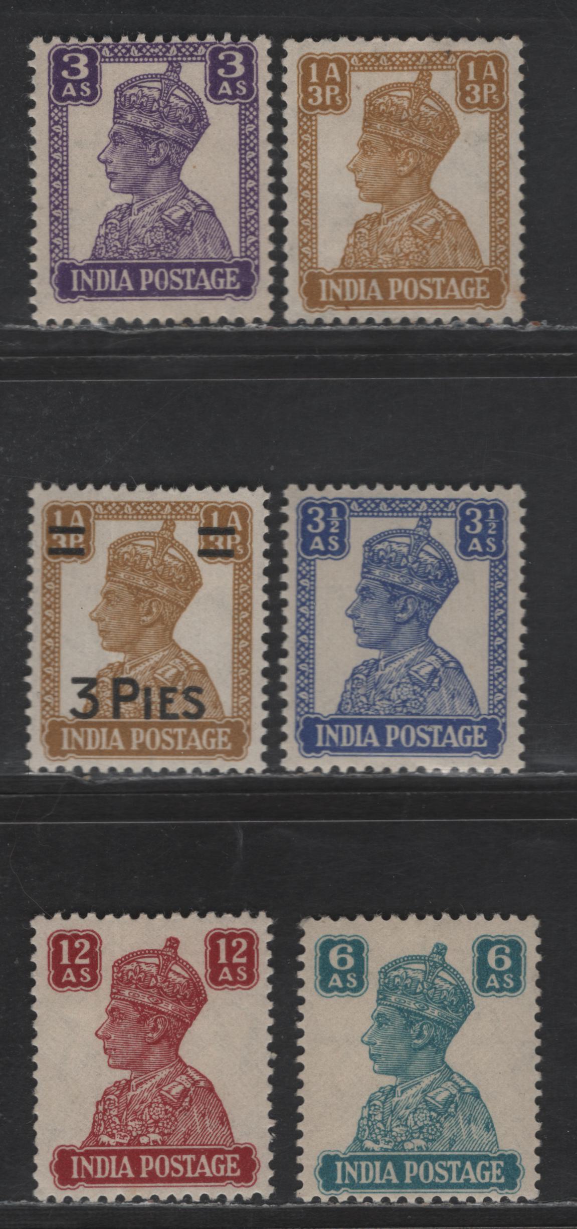 Lot 218 India #269, 271b, 272, 274, 276, 282 1a3p Yellow Brown - 12a Lake, 1940-1943 King George VI Issue, 6 F & VF OG&NH Singles Includes 3a Typographed. All Hinged Except Surcharged