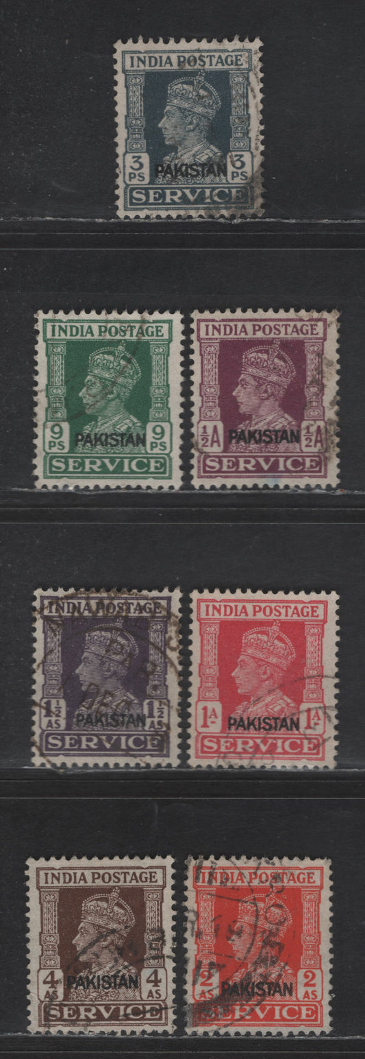 Lot 247 Pakistan SG#O1-O6, O8 3p - 4a Slate - Brown King George VI, 1947 Pakistan Overprints on Official Issue, 7 Very Fine Used Singles