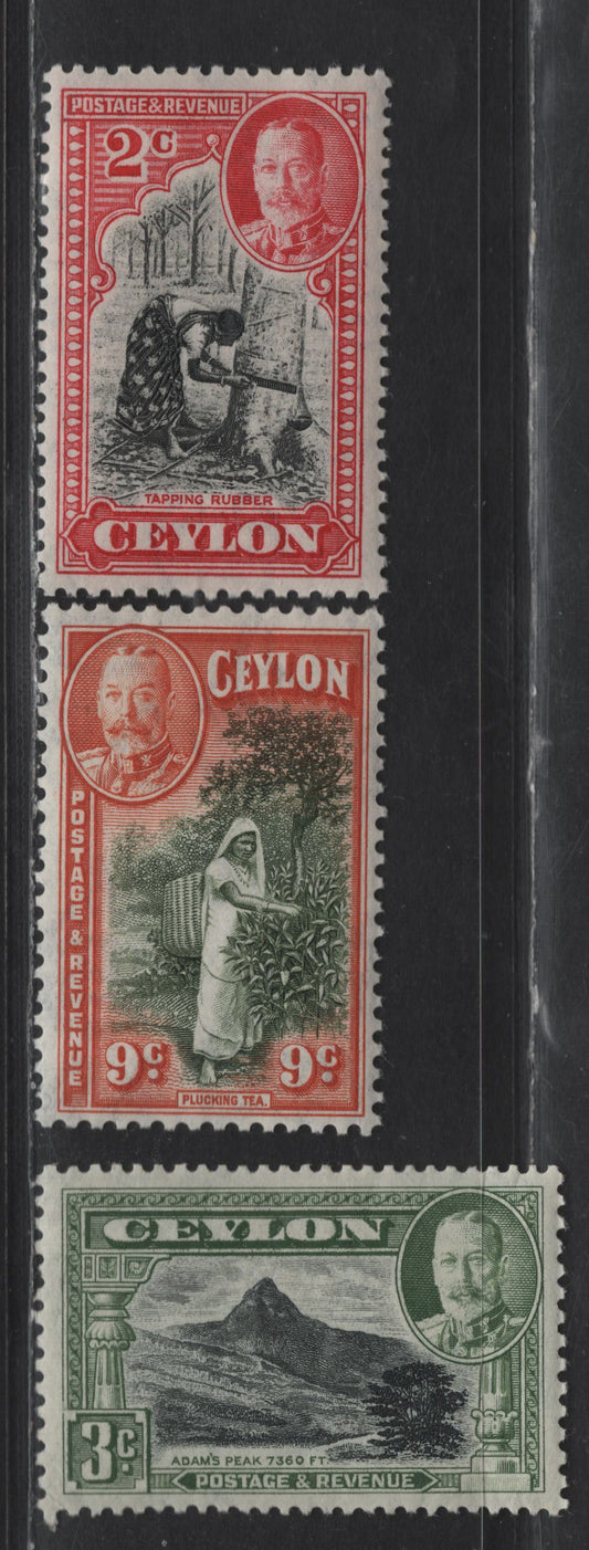 Lot 292 Ceylon SG#368, 371, 369 2c - 9c Black & Carmine - Green & Orange King George V, 1935 KGV Issue, 3 F/VFNH Singles, Tiny Corner Crease On 3c