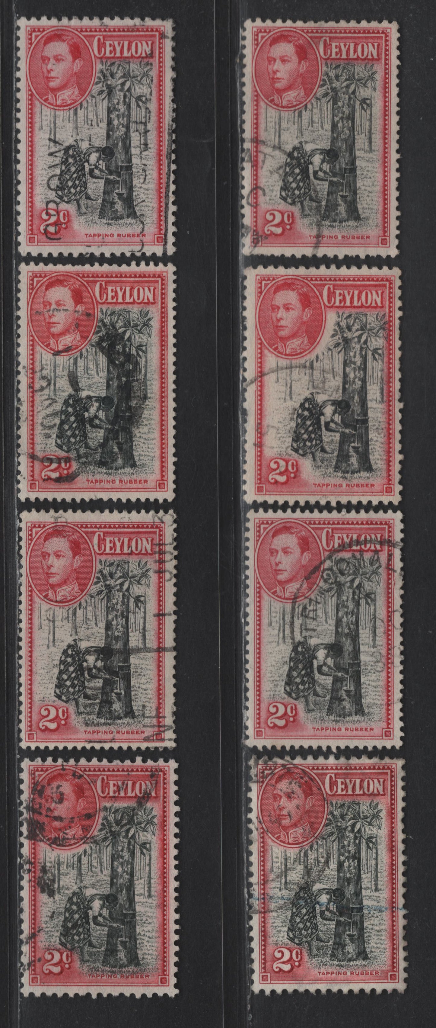Lot 299 Ceylon SG#386-d 2c Black & Carmine King George VI, 1938-1952 KGVI Pictorial Issue, 8 Fine/Very Fine Used Singles, All Listed Perfs (11.5x13, 13.5x13, 13.5, 11x11.5 & 12, Extra Shades