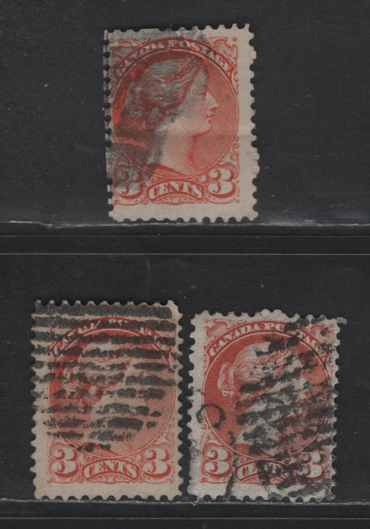 Lot 315 Canada #37iii, 37e 3c Orange Red & Red Queen Victoria, 1870-1893 Small Queen Issue, 3 Ungraded Singles, Mid Montreal Printings, Papers MM-D, MM-B & MM-F, Perf 11.5x12, Slight Faults, All With Position Dots