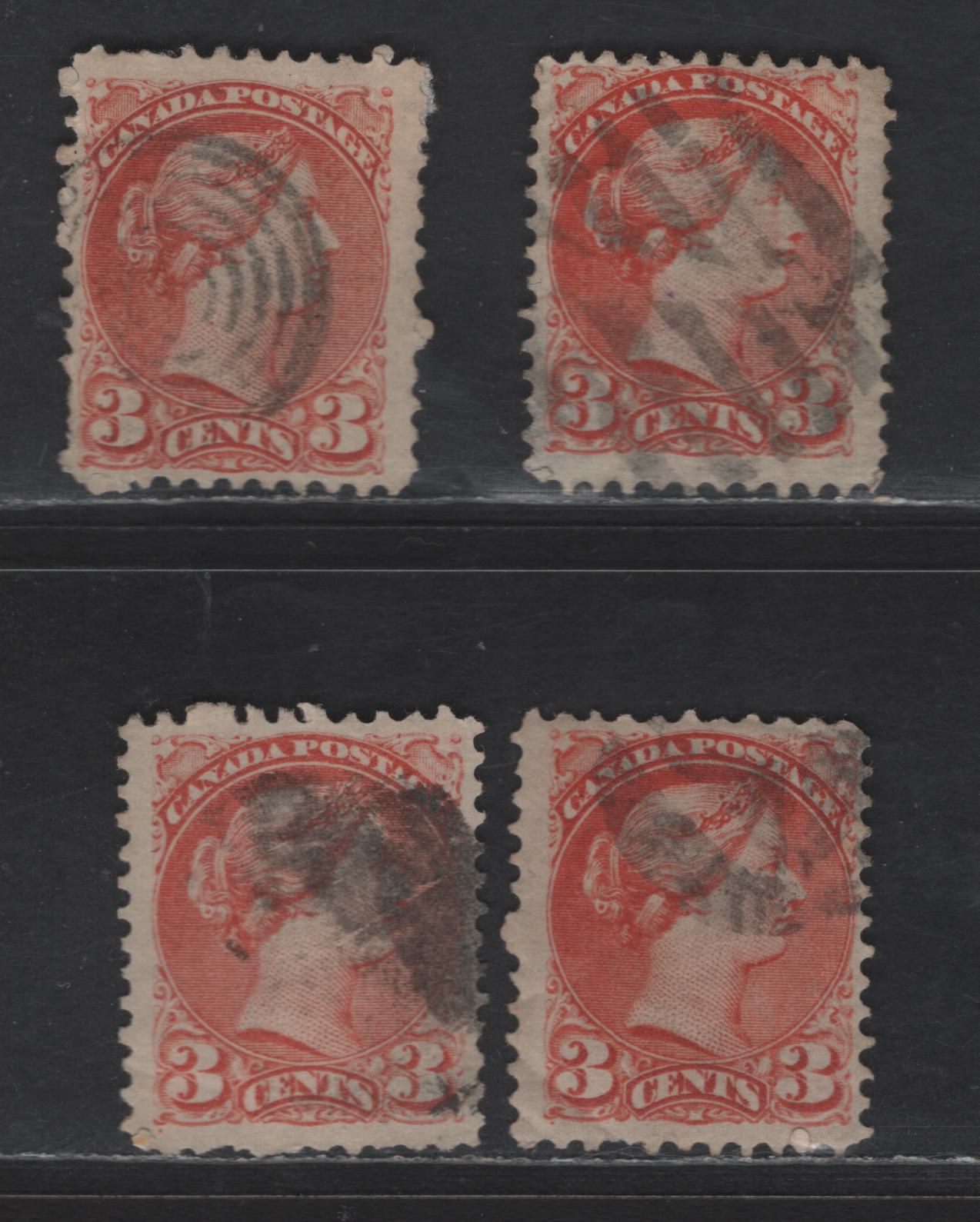 Lot 320 Canada #37e 3c Red Queen Victoria, 1870-1893 Small Queen Issue, 4 Ungraded Singles, Mid Montreal Printings, All Different Shades, Papers MM-B & MM-L, Perf 11.75x12, Position Dots, Slight Faults, Ideal For Reference