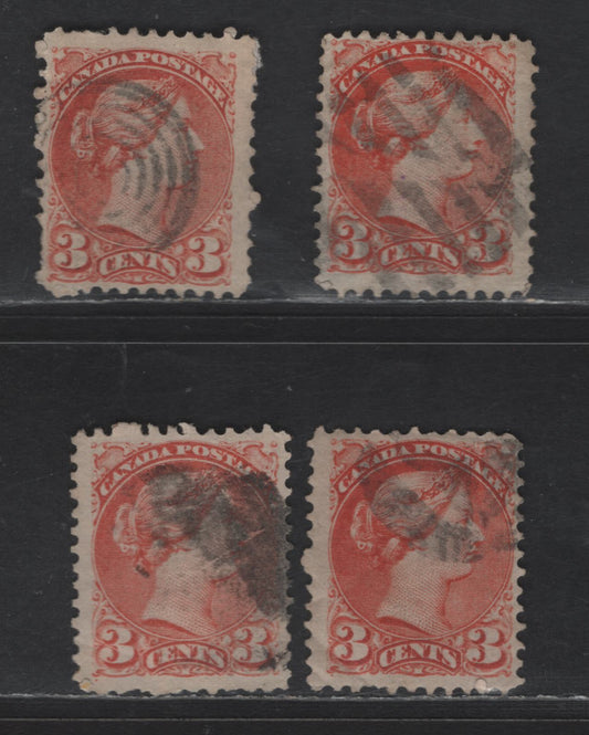 Lot 320 Canada #37e 3c Red Queen Victoria, 1870-1893 Small Queen Issue, 4 Ungraded Singles, Mid Montreal Printings, All Different Shades, Papers MM-B & MM-L, Perf 11.75x12, Position Dots, Slight Faults, Ideal For Reference