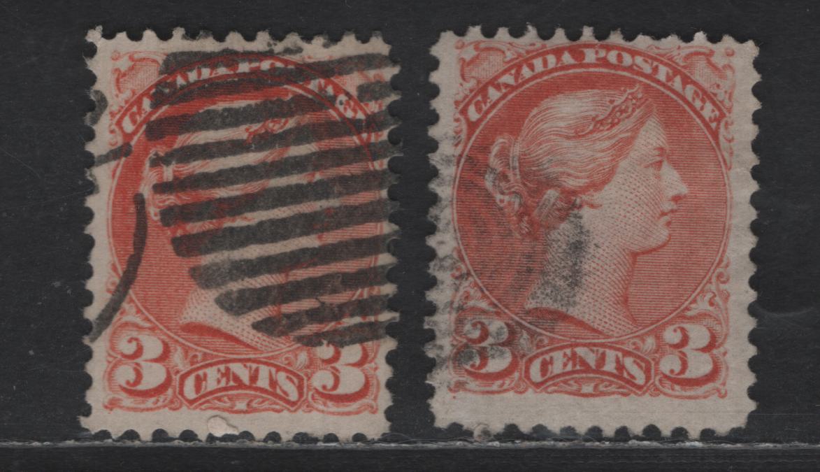 Lot 322 Canada #37iii, 37e 3c Dull Red Queen Victoria, 1870-1893 Small Queen Issue, 2 Fine Used Singles, Mid Montreal Printings, Papers MM-F & MM-Q, Perf 11.75x12, Position Dots