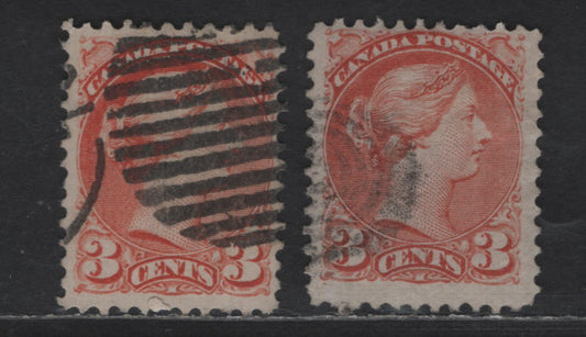 Lot 322 Canada #37iii, 37e 3c Dull Red Queen Victoria, 1870-1893 Small Queen Issue, 2 Fine Used Singles, Mid Montreal Printings, Papers MM-F & MM-Q, Perf 11.75x12, Position Dots