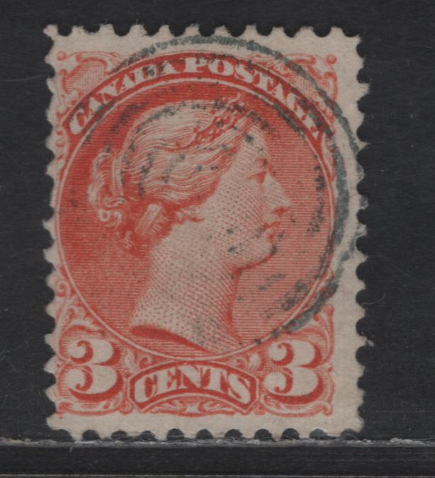 Lot 326 Canada #37iii 3c Red Orange Queen Victoria, 1870-1893 Small Queen Issue, A Fine Used Single, Mid Montreal Printing, Paper MM-F, Perf 11.75x12, Position Dot