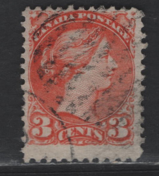 Canada #37iii 3c Red Orange Queen Victoria, 1870-1893 Small Queen Issue, A Fine Used Single, Mid Montreal Printing, Paper MM-Q, Perf 11.75x12, Position Dot